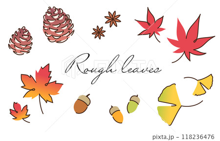 秋モチーフセット：松ぽっくり、落ち葉、どんぐり、イチョウ、メープルリーフ 118236476