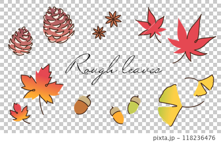 秋モチーフセット：松ぽっくり、落ち葉、どんぐり、イチョウ、メープルリーフ 118236476