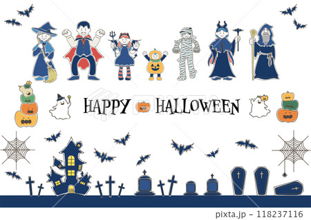ハロウィンの仮装をした三世代家族とハロウィン背景のゆるいイラスト（セット） 118237116