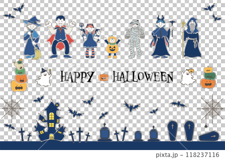 ハロウィンの仮装をした三世代家族とハロウィン背景のゆるいイラスト（セット） 118237116
