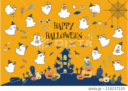 ハロウィンのお化けとお菓子と背景のゆるいイラスト(セット) 118237120