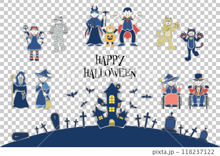 萬聖節背景的鬆散插圖（組），多代人穿著萬聖節服裝 118237122