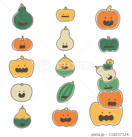 ハロウィンのかぼちゃ(ジャック・オ・ランタン)達のゆるいイラスト(セット) ハロウィンのかぼちゃ(ジャック・オ・ランタン)達のゆるいイラスト(セット) 118237124