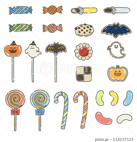 ハロウィンのお菓子のゆるいイラスト(セット) 118237125