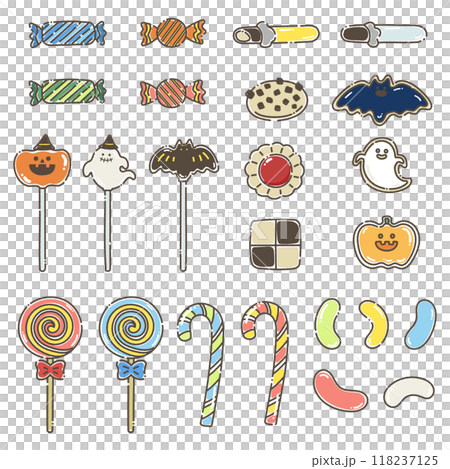 ハロウィンのお菓子のゆるいイラスト(セット) 118237125