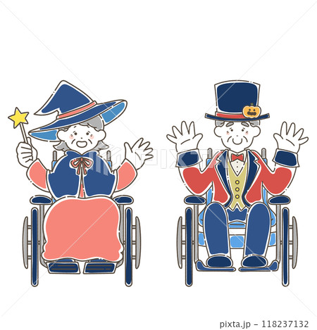 ハロウィンの仮装をする車いすのシニア男女のゆるいイラスト 118237132