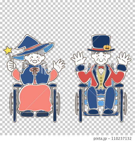 ハロウィンの仮装をする車いすのシニア男女のゆるいイラスト 118237132