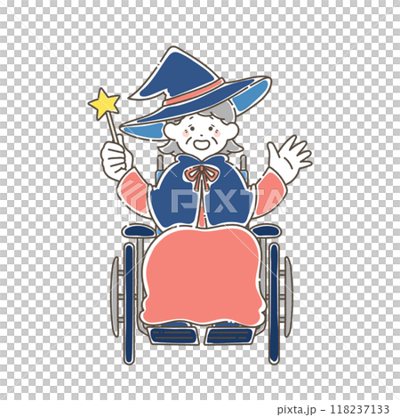 ハロウィンの仮装をする車いすのシニア女性のゆるいイラスト 118237133