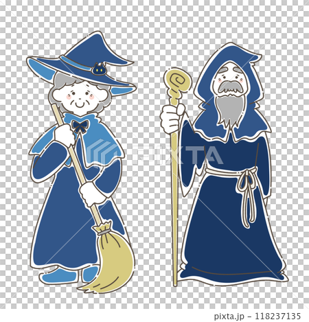 A relaxed illustration of senior men and women dressed up for Halloween 118237135