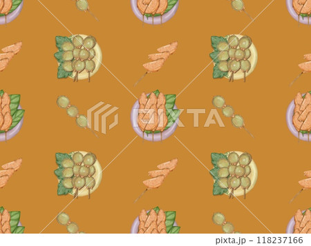 Seamless patterns tanghulu hand drawn Sugarcoat street food Asian fruit viral dessert on colorful background. 118237166