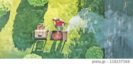 A man grilling bbq steaks in the backyard, top view illustration A man grilling bbq steaks in the backyard, top view illustration 118237168