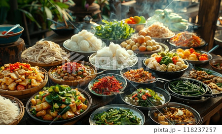 Bowls of fresh food ingredients, fruits and vegetables 118237257