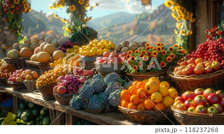 Seasonal fruits and vegetables harvest in a rustic setting 118237268