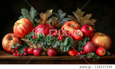 Seasonal fruits and vegetables harvest in a rustic setting 118237299