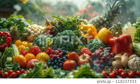 Seasonal fruits and vegetables harvest in a rustic setting 118237333