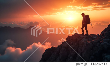 Mountain climber reaches summit at sunrise, success and achievement in nature splendor, victorious ascent against vibrant sky Mountain climber reaches summit at sunrise, success and achievement in nature splendor, victorious ascent against vibrant sky 118237413