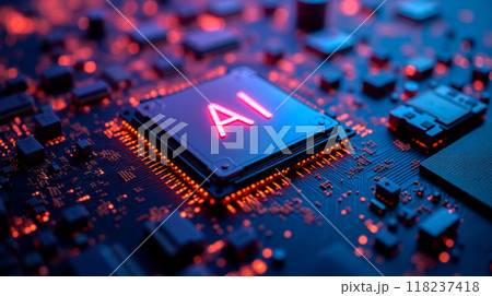 High-performance artificial intelligence processor chip, neural network tasks, electronic circuit board with blue lighting, essential hardware for machine learning and AI development High-performance artificial intelligence processor chip, neural network tasks, electronic circuit board with blue lighting, essential hardware for machine learning and AI development 118237418