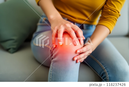 pain in knee joint. Person experiencing knee pain, red highlight on joint, health issue concept, adult with joint inflammation, medical condition illustration pain in knee joint. Person experiencing knee pain, red highlight on joint, health issue concept, adult with joint inflammation, medical condition illustration 118237426