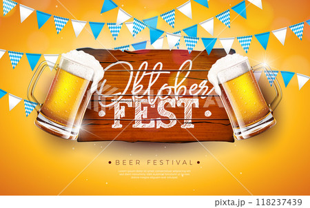 Oktoberfest Beer Festival Banner Illustration with Fresh Lager Beer in the Mug, Bavaria Party Flag Garland and Typography Lettering on Wooden Background. Vector Traditional German Celebration Flyer 118237439