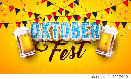 Oktoberfest Beer Festival Banner Illustration with Fresh Lager Beer in the Mug, Bavaria and German Flag Garland and 3d Typography Lettering on Yellow Background. Vector Traditional German Celebration Oktoberfest Beer Festival Banner Illustration with Fresh Lager Beer in the Mug, Bavaria and German Flag Garland and 3d Typography Lettering on Yellow Background. Vector Traditional German Celebration 118237440
