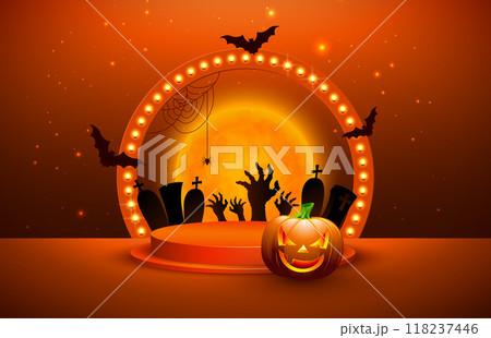 Halloween Sale Banner Illustration with Pumpkin, Podium and Glowing Light Bulb Billboard on Orange Background. Vector Holiday Design Template with Typography Lettering for Offer, Coupon, Celebration Halloween Sale Banner Illustration with Pumpkin, Podium and Glowing Light Bulb Billboard on Orange Background. Vector Holiday Design Template with Typography Lettering for Offer, Coupon, Celebration 118237446
