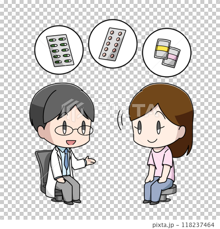 Illustration of a woman receiving medication explanation from a doctor 118237464