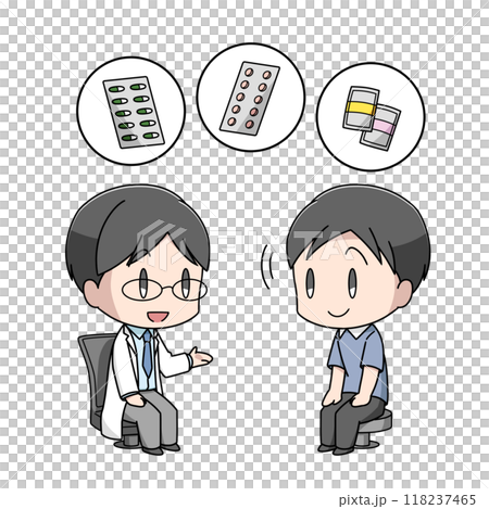 Illustration of a man receiving medication instructions from a doctor Illustration of a man receiving medication instructions from a doctor 118237465