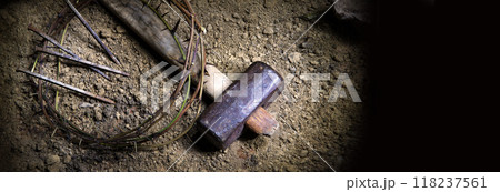 Rusty nails and a wreath of thorns at the cross Rusty nails and a wreath of thorns at the cross 118237561