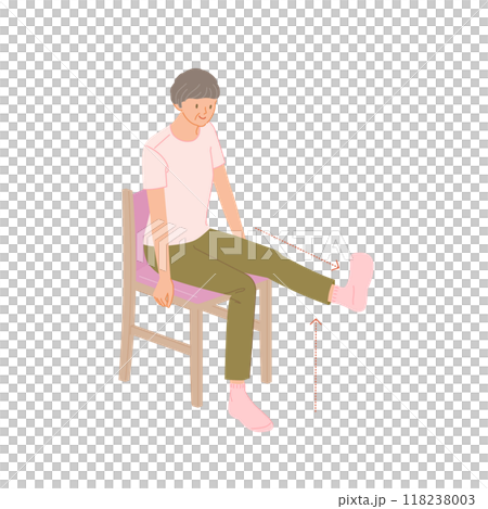 Leg muscle training: Senior women sit on a chair, straighten their knees and raise one leg Leg muscle training: Senior women sit on a chair, straighten their knees and raise one leg 118238003