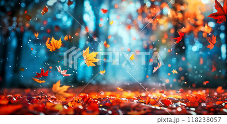 maple branch with red and yellow leaves, magical autumn forest  background with soft focus 118238057