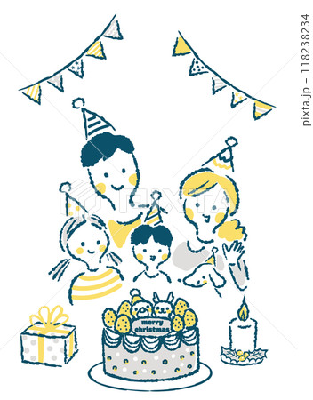 クリスマスを祝う笑顔の4人家族の手描きイラスト 118238234
