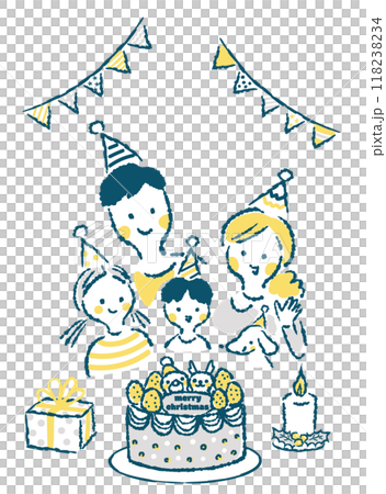 クリスマスを祝う笑顔の4人家族の手描きイラスト 118238234