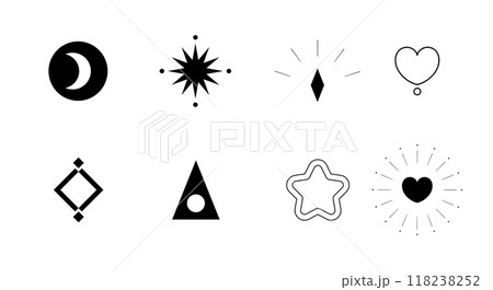 Abstract graphic black and white. Elements of star, sparkle and heart for predictation, astrology and illustration Abstract graphic black and white. Elements of star, sparkle and heart for predictation, astrology and illustration 118238252