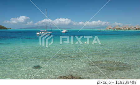 Crystal clear turquoise water and sailboats anchored in the distance, luxury overwater bungalows on the horizon. Stingray fish swim tropical island lagoon, wildlife wild nature travel exploration Crystal clear turquoise water and sailboats anchored in the distance, luxury overwater bungalows on the horizon. Stingray fish swim tropical island lagoon, wildlife wild nature travel exploration 118238408