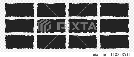 Black grunge rectangle frames with jagged edges, ripped sheets, tattered paper pieces Black grunge rectangle frames with jagged edges, ripped sheets, tattered paper pieces 118238531