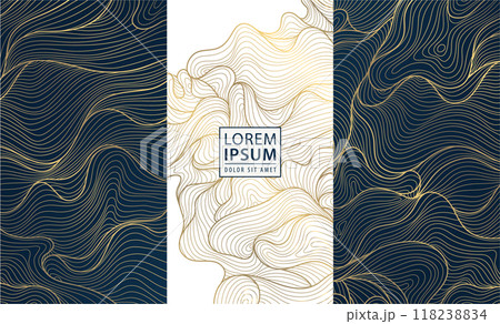 Vector set of wave luxury design background, gold oriental patterns. Sea curve, water line art. Wine, perfume labels, royal art deco invitations. 118238834