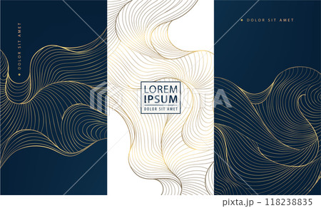 Vector set of wave luxury design background, gold oriental patterns. Sea curve, water line art. Wine, perfume labels, royal art deco invitations. Vector set of wave luxury design background, gold oriental patterns. Sea curve, water line art. Wine, perfume labels, royal art deco invitations. 118238835