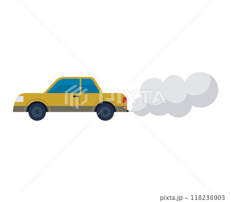 Yellow car with exhaust smoke icon, simplistic flat design, symbolizing pollution and environmental impact. Yellow car with exhaust smoke icon, simplistic flat design, symbolizing pollution and environmental impact. 118238903