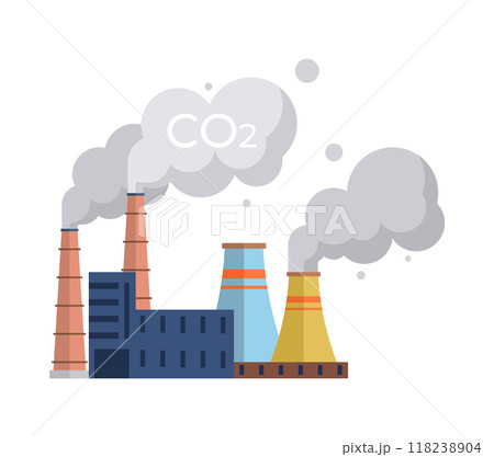A vector illustration of a factory with smokestacks emitting CO2 on a white background, representing industrial pollution, climate impact, and environmental awareness. Suitable for eco campaigns. 118238904