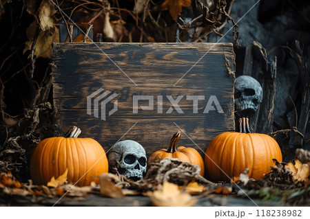 Halloween Party Card - Pumpkins And Skeleton With Wooden Board. Generative AI. 118238982