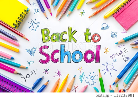 Back to School message with vibrant pencil drawings on white paper. Generative AI. Back to School message with vibrant pencil drawings on white paper. Generative AI. 118238991