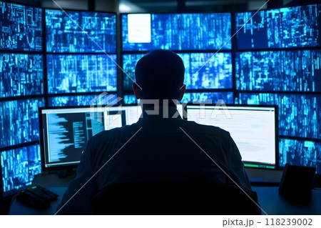 Professional analyzing data using multiple monitors in a workspace. Generative AI. 118239002