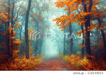 Misty forest landscape. Generative AI. 118239023