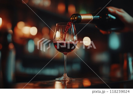 Red wine into glass, with a blurred background, of a bar. Generative AI. 118239024