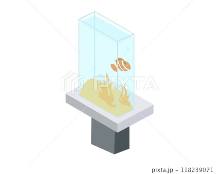 An isometric view of an aquarium with a clownfish swimming above yellow sand and corals, encased in a glass tank, illustrating aquatic environments. An isometric view of an aquarium with a clownfish swimming above yellow sand and corals, encased in a glass tank, illustrating aquatic environments. 118239071