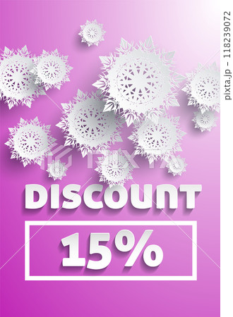 Pink gradient banner for 15 discount with snowflakes. Covers themes of winter sale, promotion, shopping, and seasonal offers. Suitable for retail marketing, holiday promotions, and advertising. 118239072