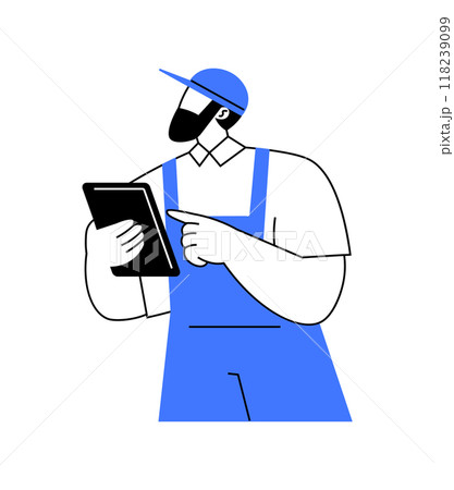 Illustration of a worker holding a tablet, symbolizing technology use in industrial and logistics settings. Perfect for business, tech, and industry themes. Simple black, white, and blue design. Illustration of a worker holding a tablet, symbolizing technology use in industrial and logistics settings. Perfect for business, tech, and industry themes. Simple black, white, and blue design. 118239099