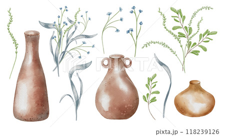 Flowers in pastel tone and pottery dishes in set. High jug and wide pot watercolor illustration isolated. Floral arrangements, plant stem and clay dishes hand drawn. For ceramics workshop, modeling 118239126