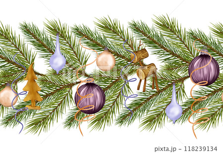 Pine tree branches with Christmas toys on...のイラスト素材 [118239134] - PIXTA