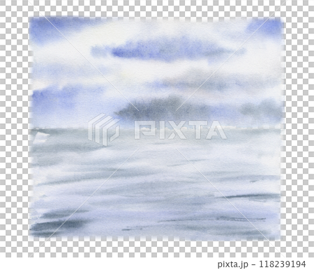 Scenery landscape rain storm, cloudy blue sky, water surface with waves, pool sea lake ocean hand drawn in watercolor. Illustration for tourism, resort ads, hiking camping sites vacation, postcard. 118239194